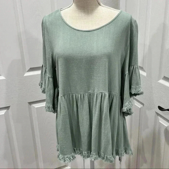 Umgee Mint Linen blend frayed edge keyhole back gathered waist blouse sh… ❤️ - Picture 3 of 9